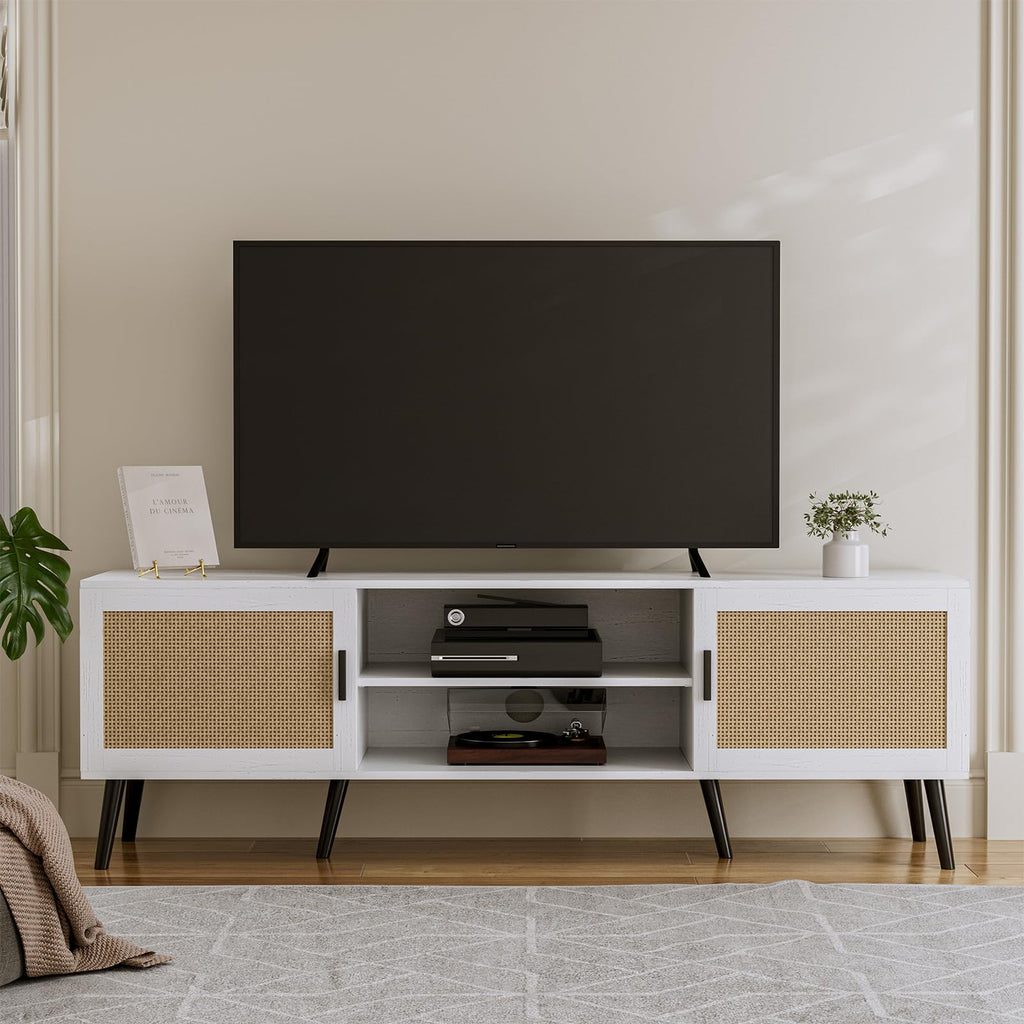 TV Stand with Rattan Doors for TVs up to 65", Mid-Century, White