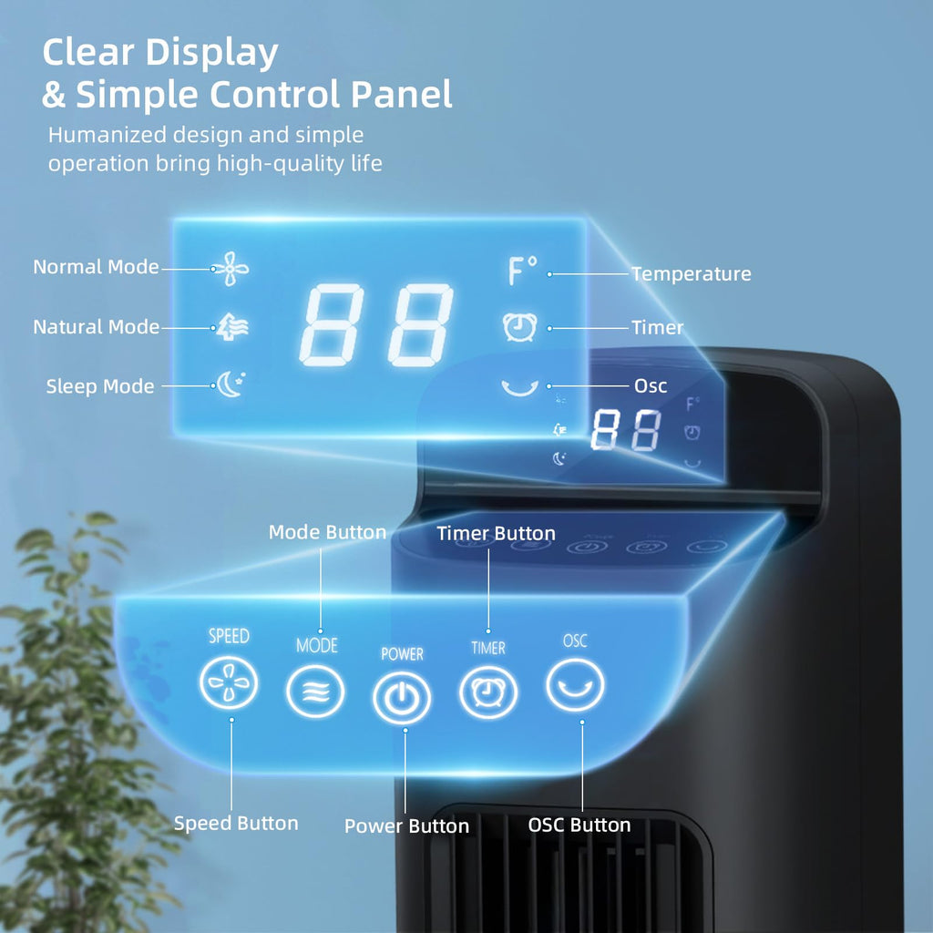Portable Tower Fan, 80°Oscillation Fan, with Remote Control, Standing Bladeless Fan, 5 Speeds and 3 Modes, Low Noise