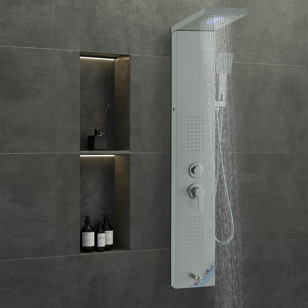 Shower Panel System, 5 Shower Modes, LED Shower Panel Tower, Rainfall, Waterfall, 2 Body Massage Jets, Tub Spout