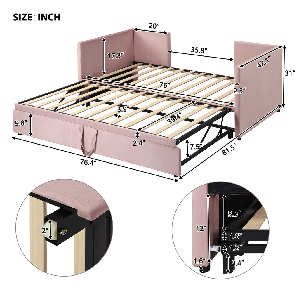 Twin Size Daybed, Upholstered Twin Daybed with Extendable Trundle, Twin Size Daybed Frame, Pink