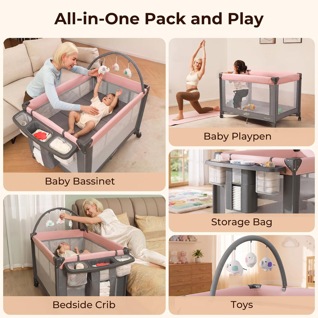 Play Yard - Travel Crib with Mattress, Easy Setup Small Portable Playpen for Babies, Lightweight Foldable Baby
