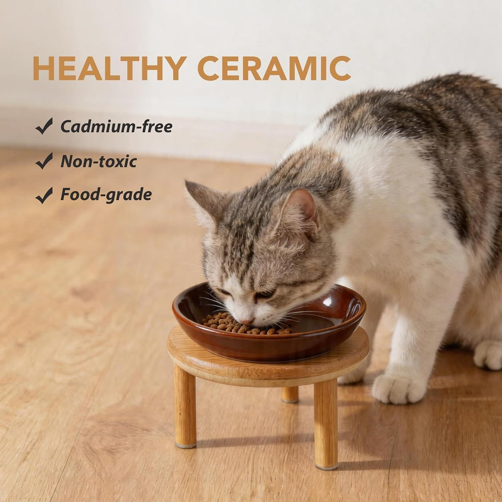 Elevated Cat Bowls, Ceramic Cat Bowl with Bamboo Stand Wide Opening