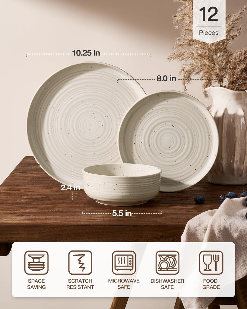 Stoneware Dinnerware Sets for 4, Reactive Glaze Plates & Bowls, Shell Beige