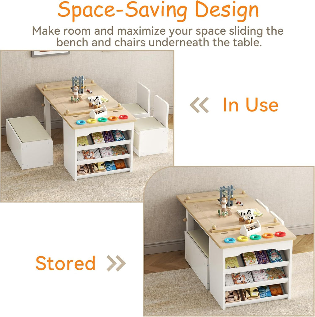 3 in 1 Kids Art Table and Chair Set, Art Desk & Easel with Storage Drawers