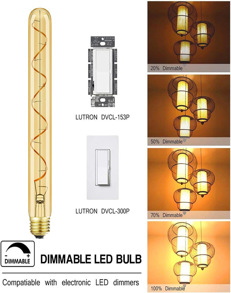 Vintage LED Spiral Filament Bulb T10, 11.8inch Long Tubular Dimmable Edison Light Bulbs,E26 Base,Amber Glass,Warm