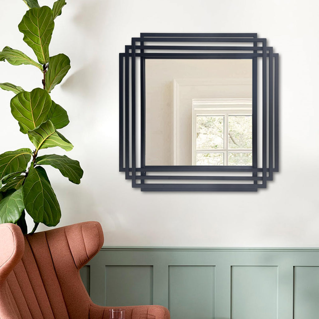 24"x24" Square Decorative Wall Mirror with Black Geometric Frame