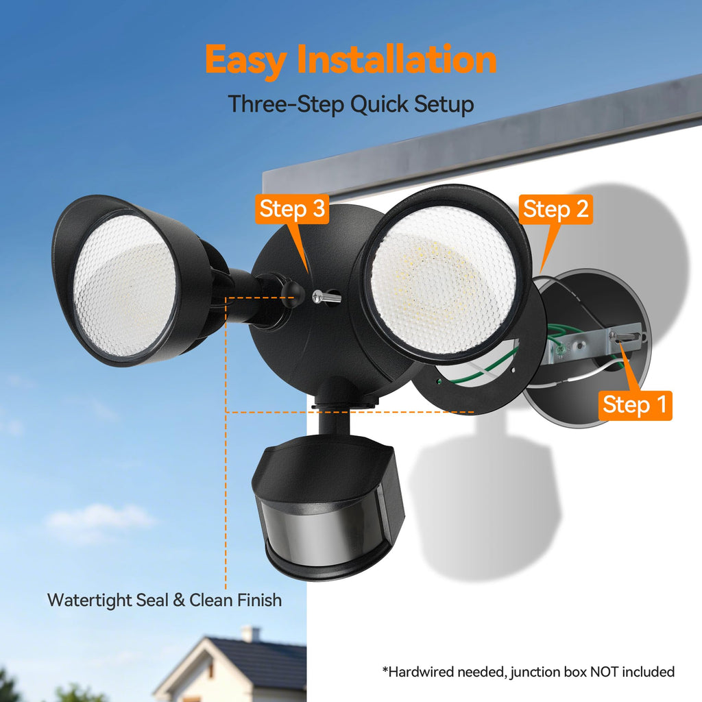 45W PIR Motion Sensor Outdoor Lights, Dual Head LED Flood Light, 5000K Daylight, IP65 Waterproof Hardwired
