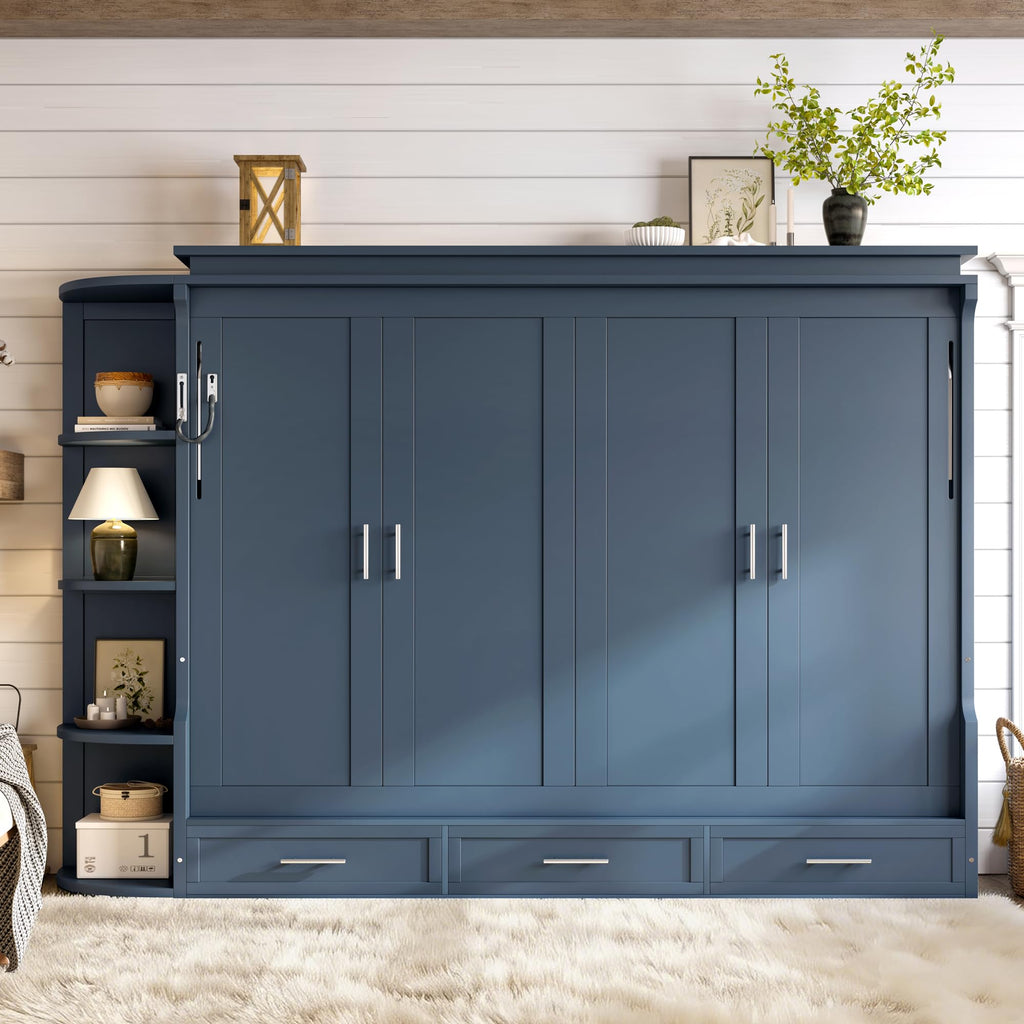 Queen Size Horizontal Murphy Bed with Shelves & 3 Drawers, Blue