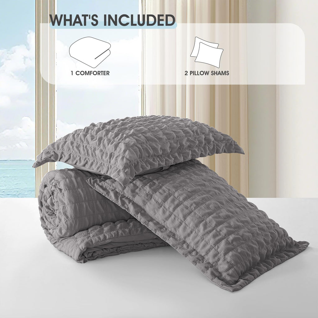 Grey 3 Piece Seersucker Microfiber Comforter Set, Geometric Textured Design, Lightweight Breathable Bedding