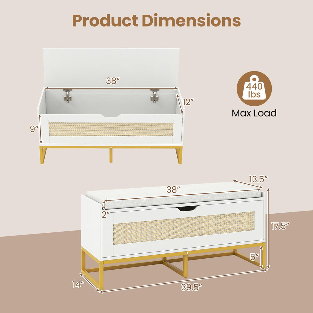 Rattan Shoe Bench, Flip-Top Entryway Bench with Removable Padded Seat & Hidden Storage, Wooden Shoe Storage Chest