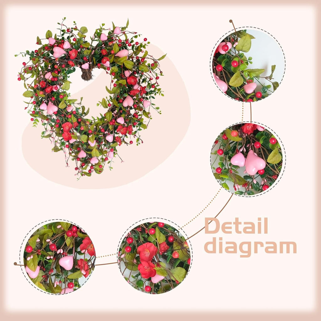 22 Inch Valentine Heart-Shaped Wreath, Pink Flower Heart Berry Green Leaf Decor for Front Door Window Wall Porch