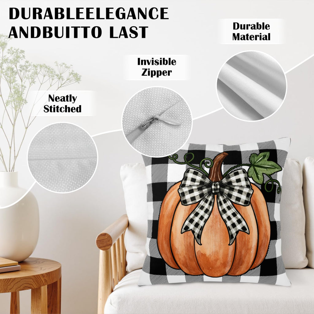 Fall Pillow Covers Burnt Orange Maple Leaf Pumpkin Black Buffalo Plaid Throw Pillow Covers Autumn Thanksgiving