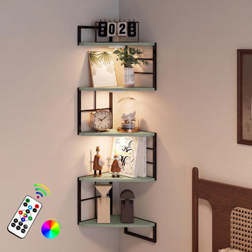Floating Corner Shelves with Light - 5 Tiers Metal Corner Shelf Wall Mounted Living Room Office Kitchen