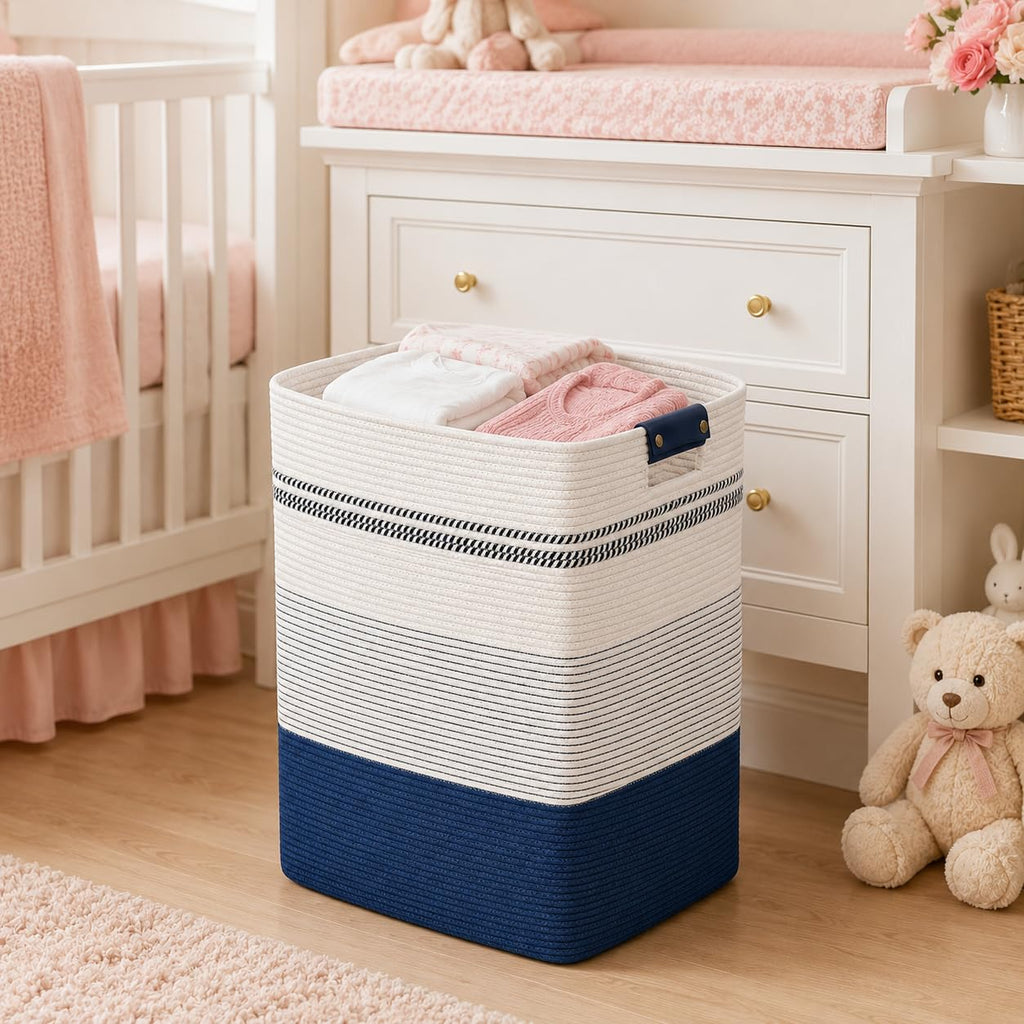 Laundry Hamper, Cotton Rope Laundry Basket with Leather Handles, 25.1-Gallon/95 L Large Clothes Hampers for Laundry