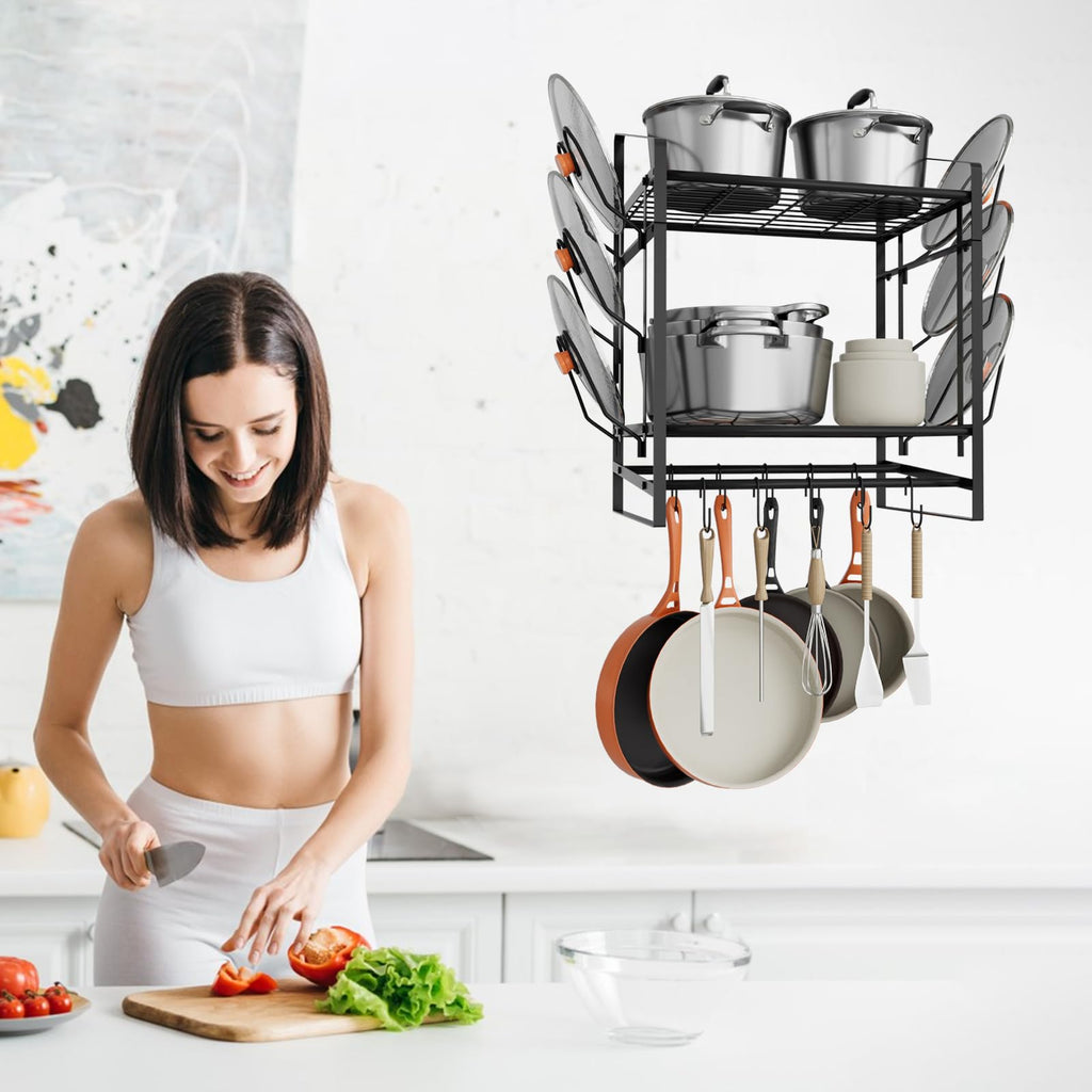 17 Inch Pot Rack Wall Mounted, 2 Tier Pots and Pans Organizer with 10 Hooks and 6 Pot Lid Holders, Heavy Duty Steel