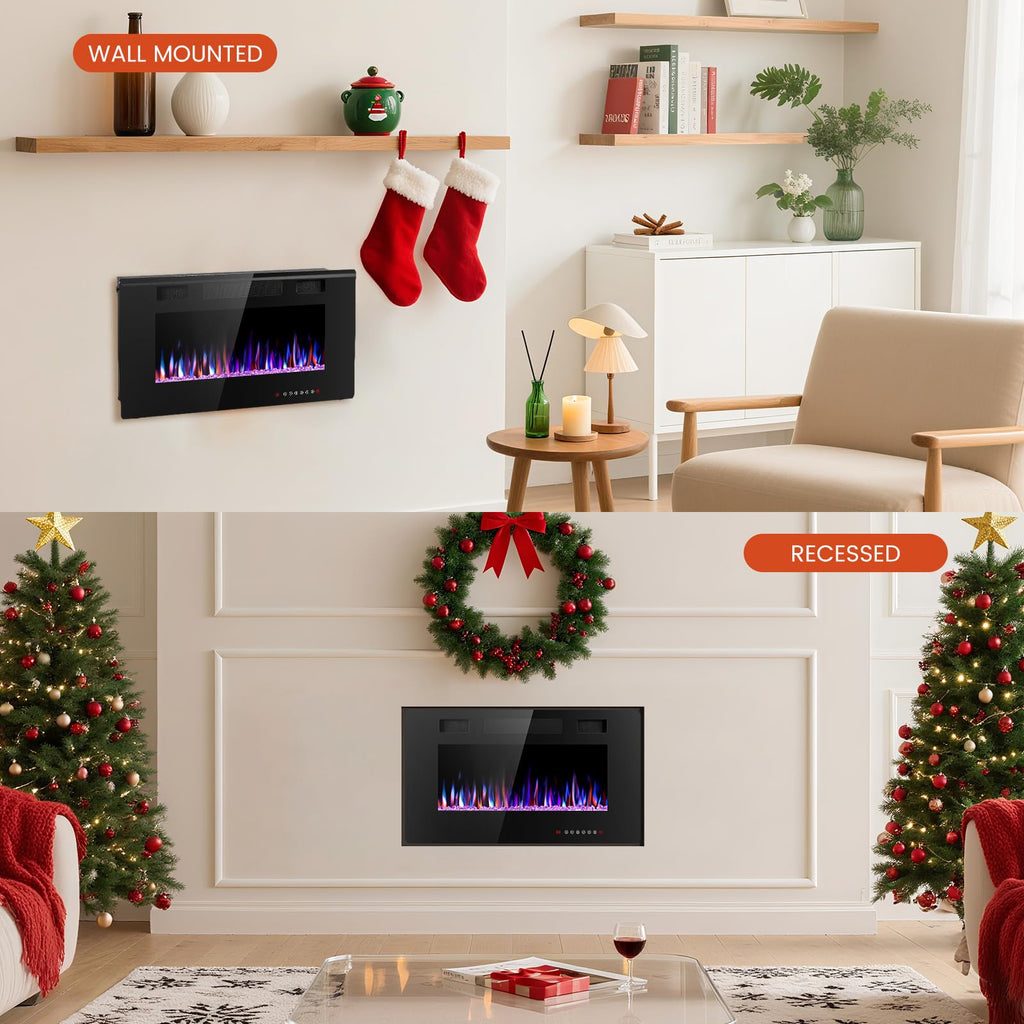 Electric Fireplace 30 inch, Recessed and Wall Mounted Electric Fireplace with Remote Control, Fireplace Heater