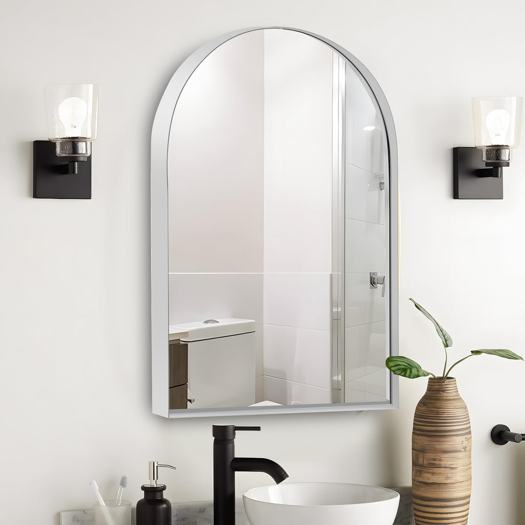 Recessed Bathroom Medicine Cabinet, 36"x24", Arched, Wall Cabinet with Beveled Mirror, Aluminum Frame, Silver