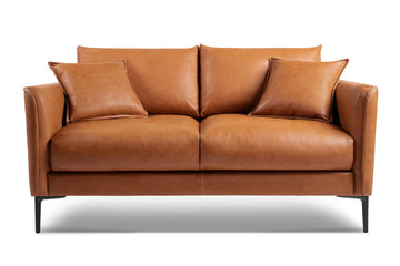 Jasper Cognac Tan Brown 60" Loveseat Full Leather Couch | Mid Century Leather Sofa with 2 Pillows Furniture | Plush