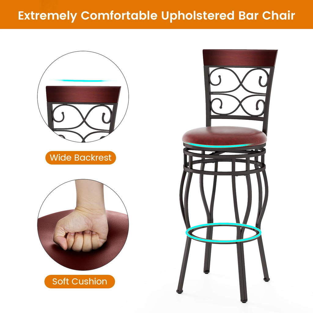 30 Inches Bar Height Bar Stools Set of 4, 360 Degree Swivel Retro Tall Metal Barstools with Leather Padded Seat and
