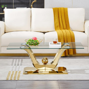 Gold Glass Coffee Table with Floral-Shape Stainless Steel Base