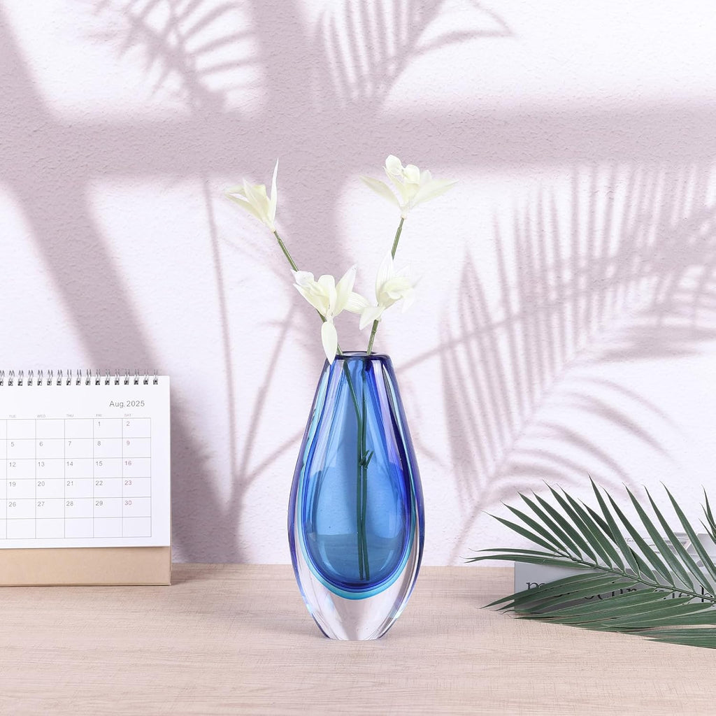 Hand Blown Glass Vase - 8.9" Tall Oval Decorative Art Glass with Colorful Speckled Finish, Luxury Centerpiece for