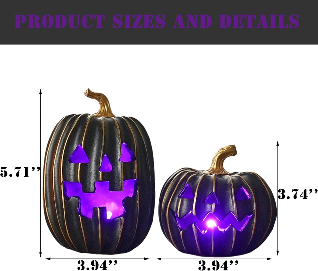 Light Up Black Jack O Lantern Pumpkins Halloween Decor - Set of 2
