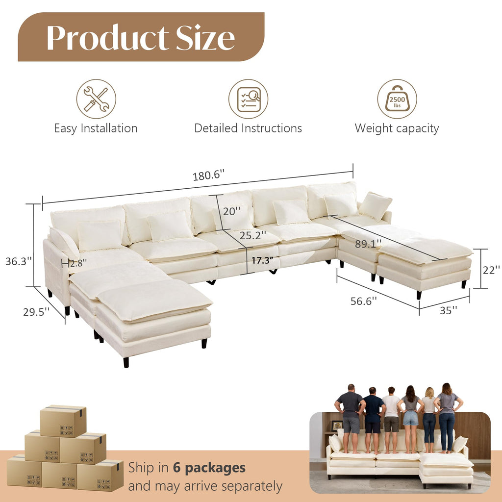 180.6" U Shaped Couch Cloud Sofa Modular Sectional Couch with 4 Large Ottomans, 5 Seater Chenille Oversized Deep Seat