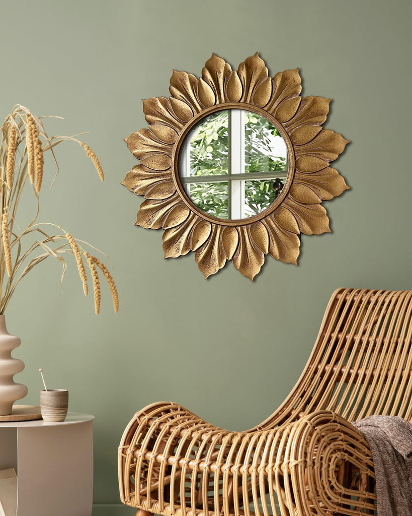 Sunflower Sunburst Wall Mirror, 22" Distressed Gold Wooden Frame