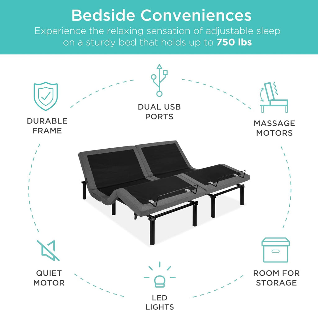Ergonomic Split King Size Adjustable Bed Frame, Electric Base w/Wireless Remote Control, Nightlight, Massager, 2 USB