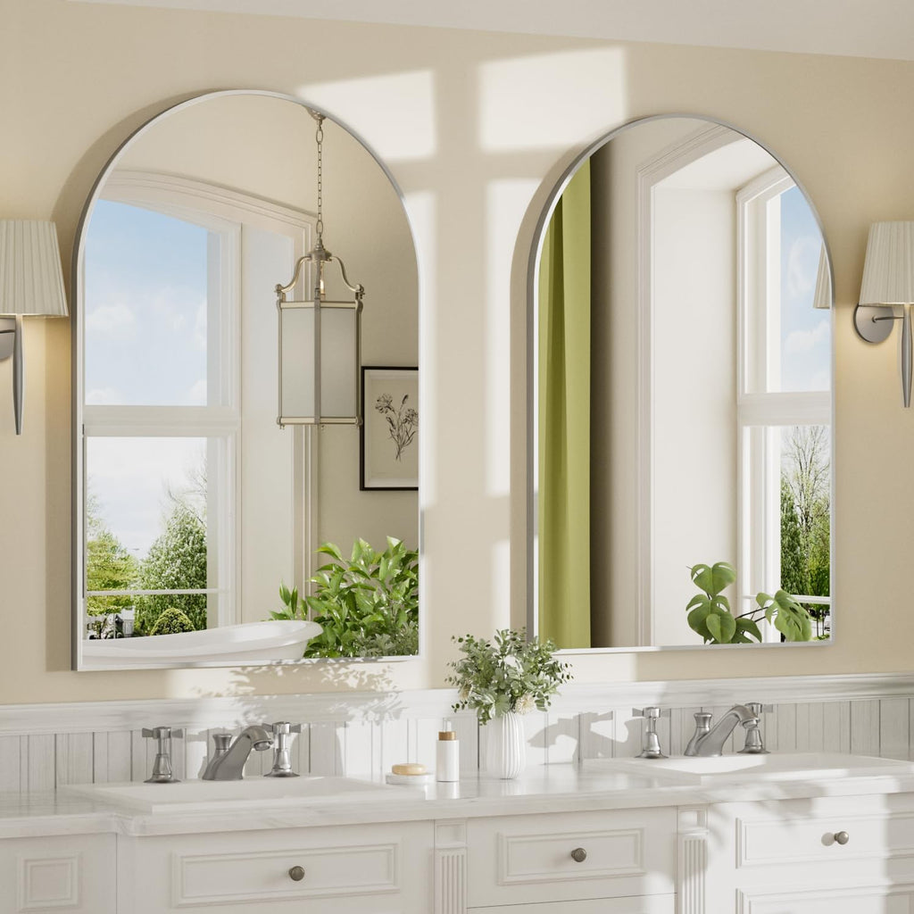 24"x36" Nickel Arched Bathroom Vanity Mirror 2Pack, Dark Brushed Frame with Arched Top and Clean-Lined
