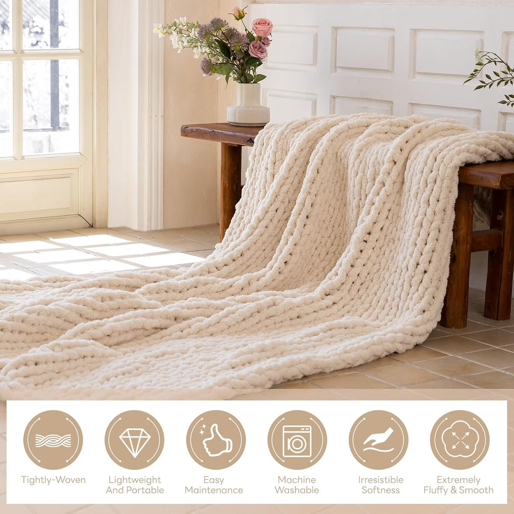 Chunky Knit Blanket - Luxury Soft Cozy 60 * 80 Throw Blanket, 100% Handmade Chenille Yarn Woven Blanket, Gift