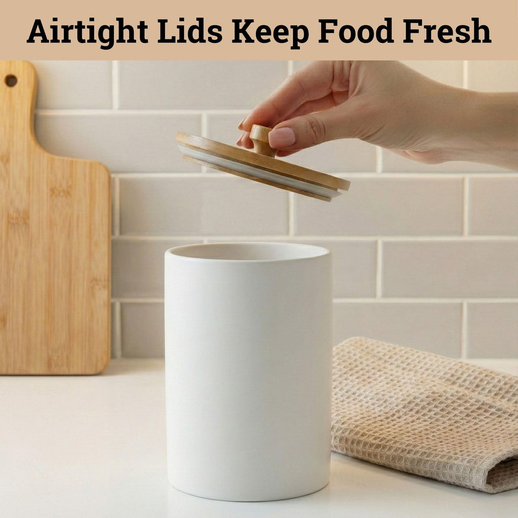 Ceramic Kitchen Canisters for Countertop Set of 3 w/ Airtight Bamboo Lids