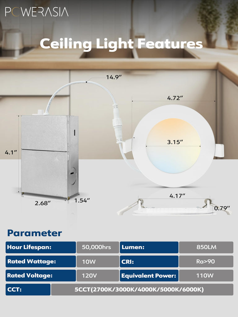 6 Pack 4 Inch UL Certified LED Recessed Lighting with Junction Box, 5CCT 2700K-6000K Selectable Ceiling Light, 10W