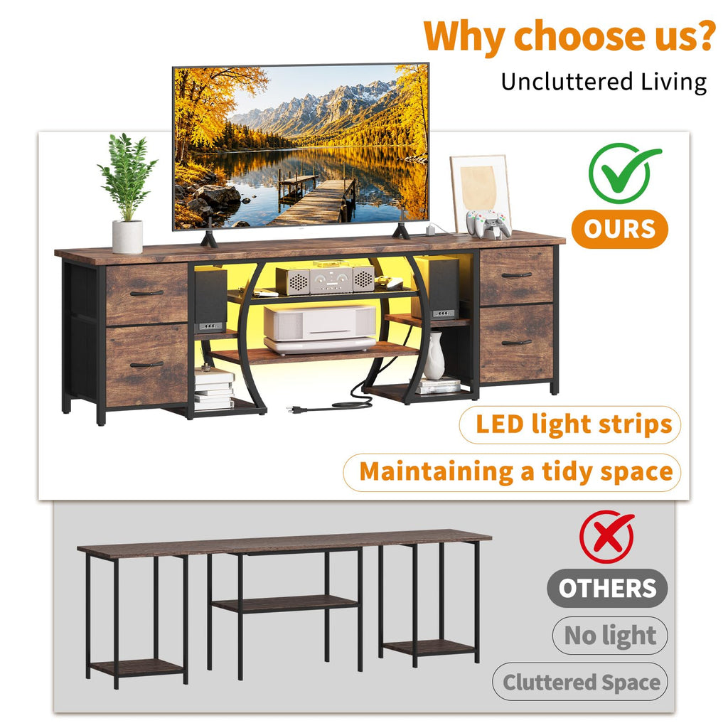 LED TV Stand for 65, 70, 80 Inch TV, 71 Inch Industrial Entertainment Center with Power Outlets, Media Console Table