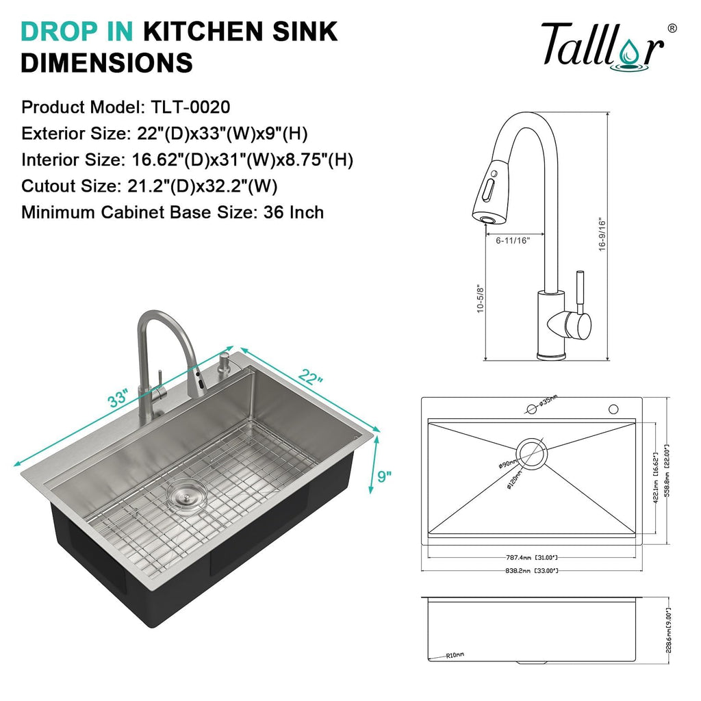 33x22 Drop Sink with Faucet Combo - 33 Inch Kitchen Sinks Drop In 16 Gauge Stainless Steel Topmount Single Bowl