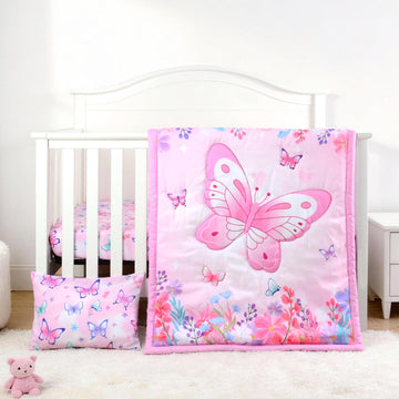3 Piece Crib Bedding Set for Baby Girls Boys Pink Butterfly