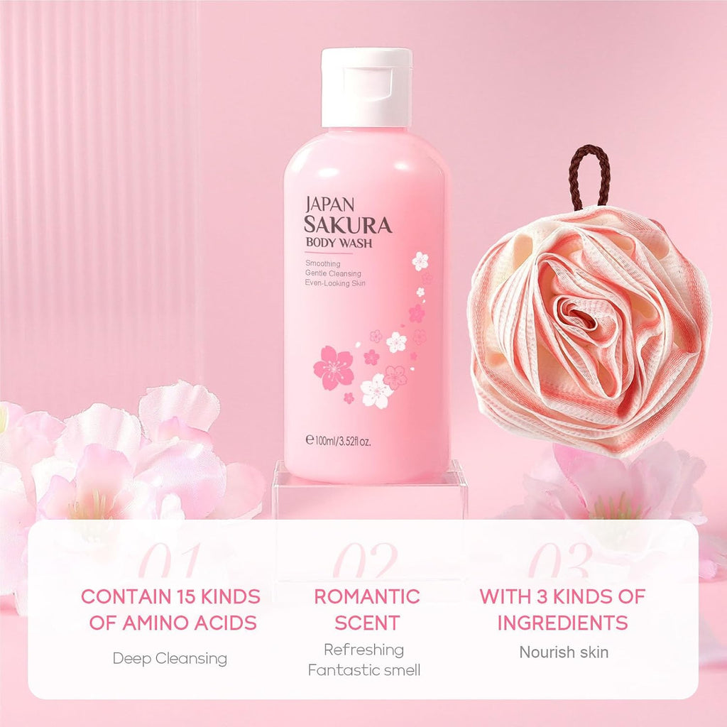Cherry Blossom Bath and Body Gift Set for Women, Bath Gift Sets, Home Bath Spa Gifts Set for Self Care - Set of 9