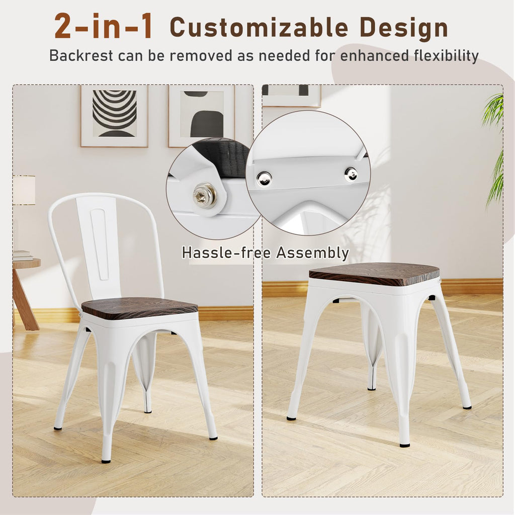 Stackable Metal Dining Chairs Set of 4 with Wood Seat and High Back
