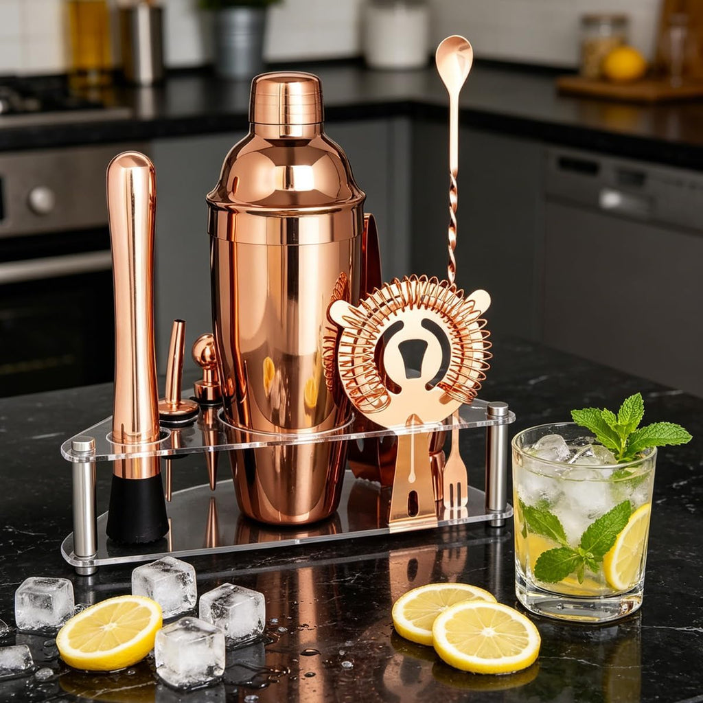 9-Piece Cocktail Shaker with Stand, 25oz Bartender Kit, Cocktail Shaker with Strainer Set, Bar Set Jigger - Set of 8