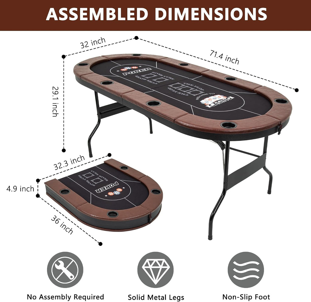 8 Player Folding Poker Tables, Texas Holdem Table with Padded Rails & Cup Holders, Foldable Casino Poker Table, Oval