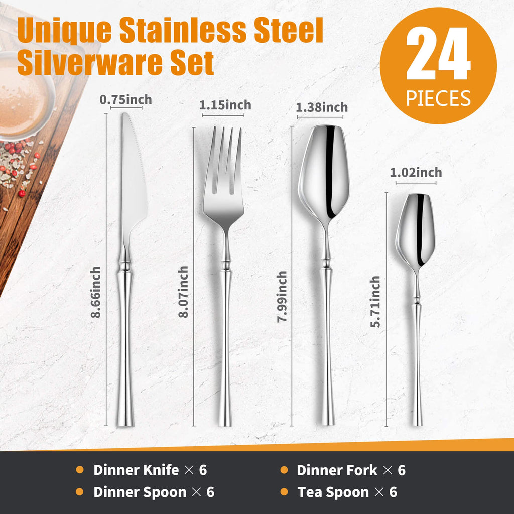 24-Piece Silverware Set for 6, Modern 18/10 Stainless Steel Flatware Set, Unique Rustic Cutlery Utensils Set, Spoon and