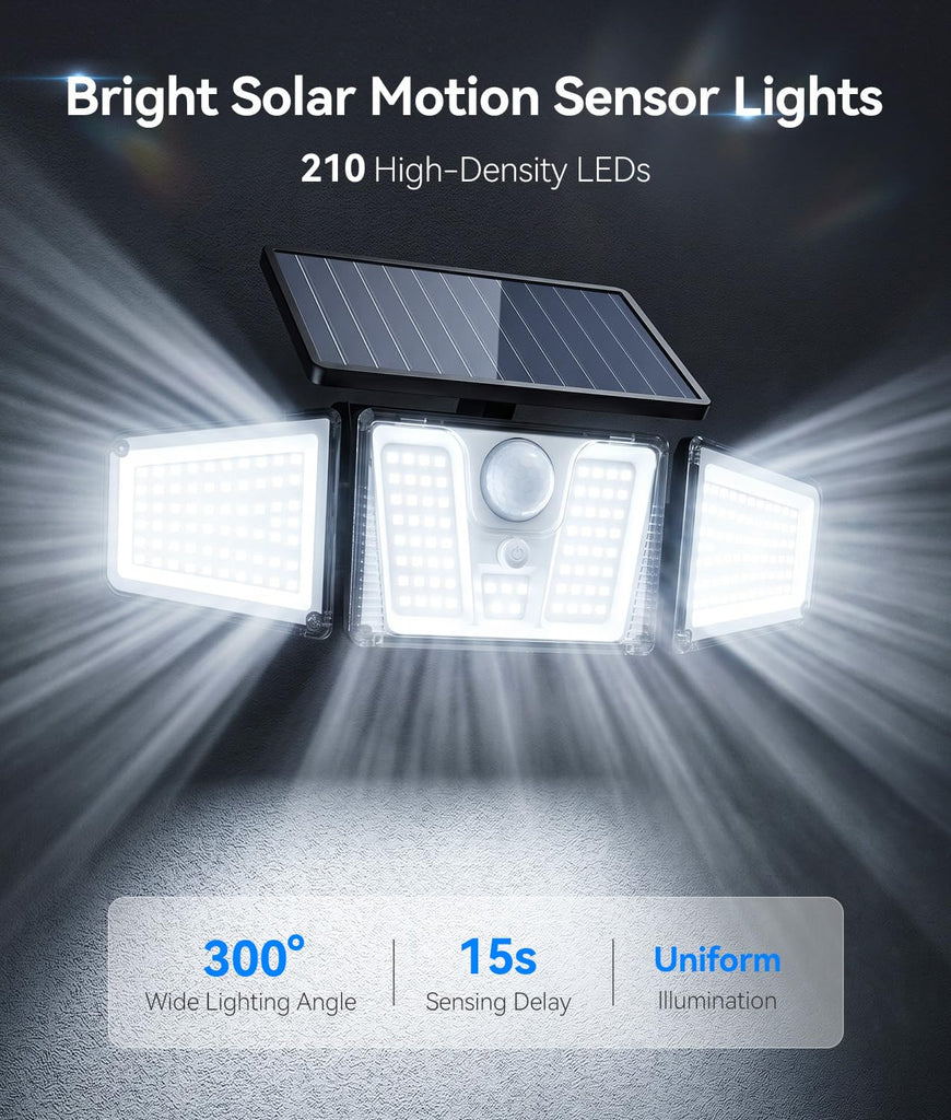 4 Pack Solar Flood Lights, 210 LED Motion Sensor Outdoor Lights, Solar Motion Lights Outdoor Waterproof, 3 Heads 300°