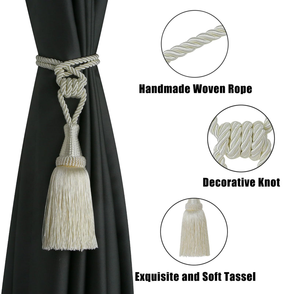 Tassel Curtain Tiebacks Handmade Holdbacks (Cream) - 2 Pack