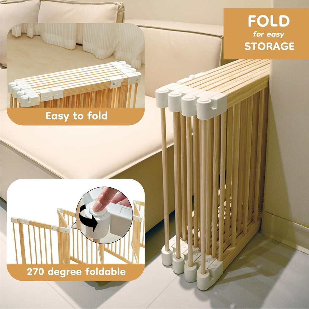 Baby Playpen, Playpen for Babies and Toddlers, Foldable Wooden Play Yard with Wall connectors, Adjustable Baby