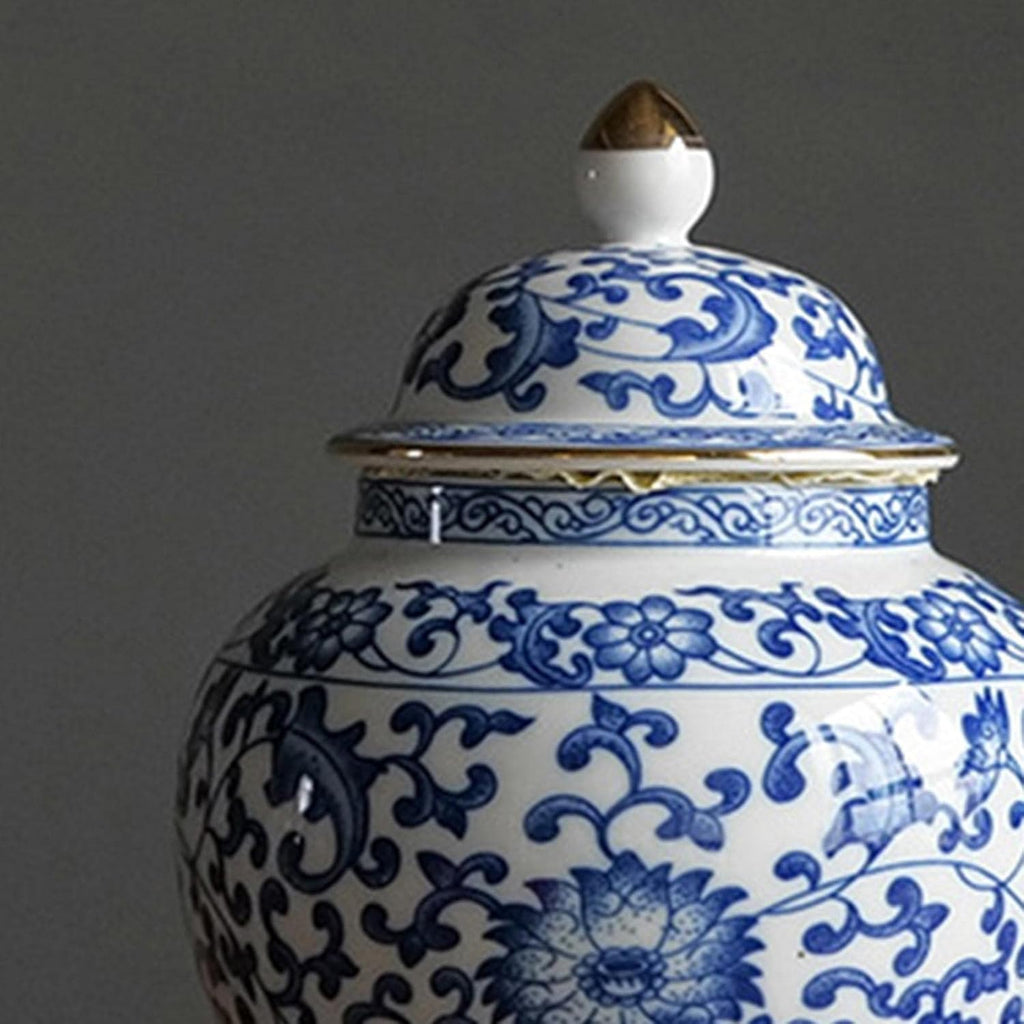 Blue and White Ceramic Ginger Jar with Lid, Chinoiserie Decorative Vase Decor, Table Centerpiece, Style