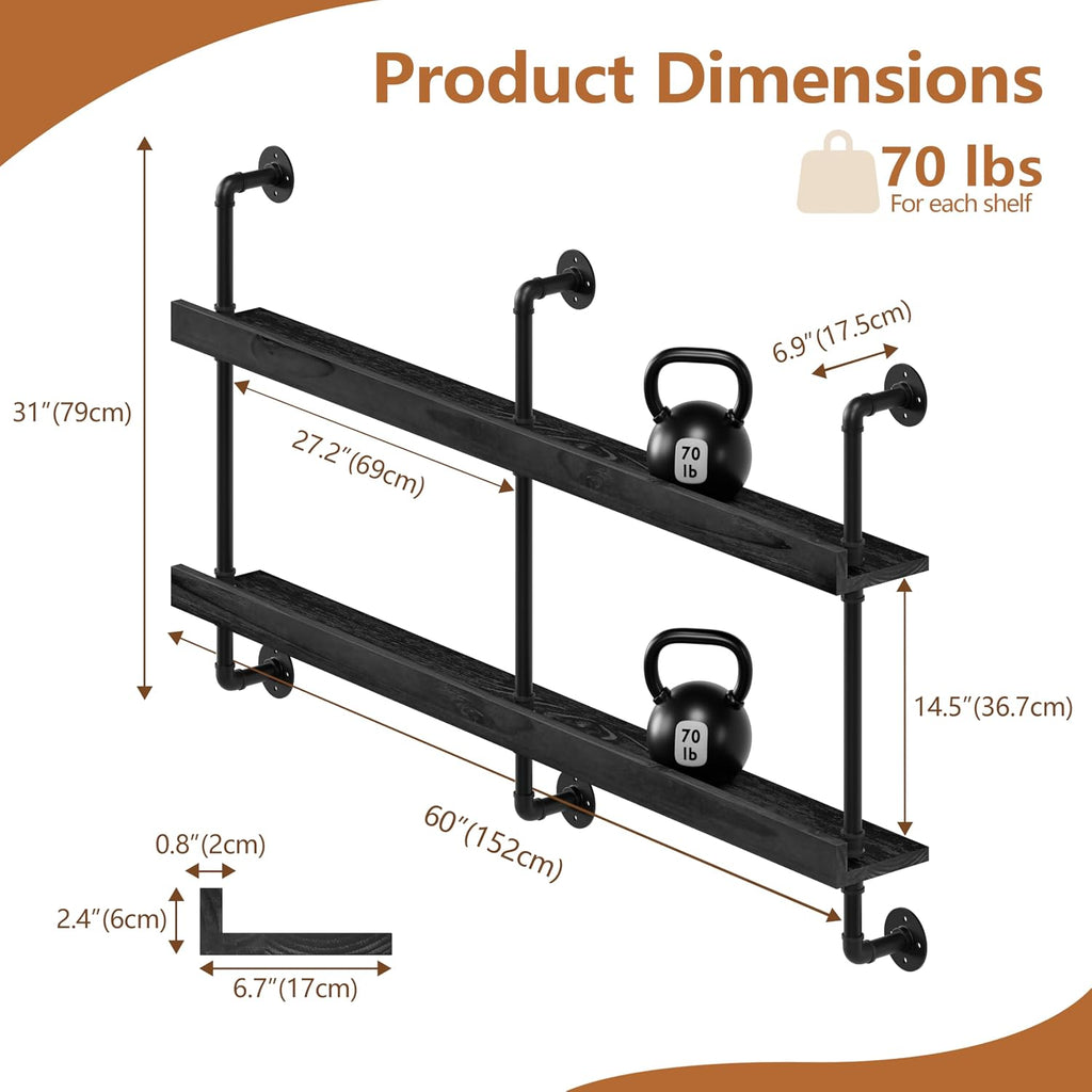 Bar Shelves, Wall Mounted Wine Rack, Black, 60 Inch | 2 Tier, Industrial style, Solid pine shelves, black pipe