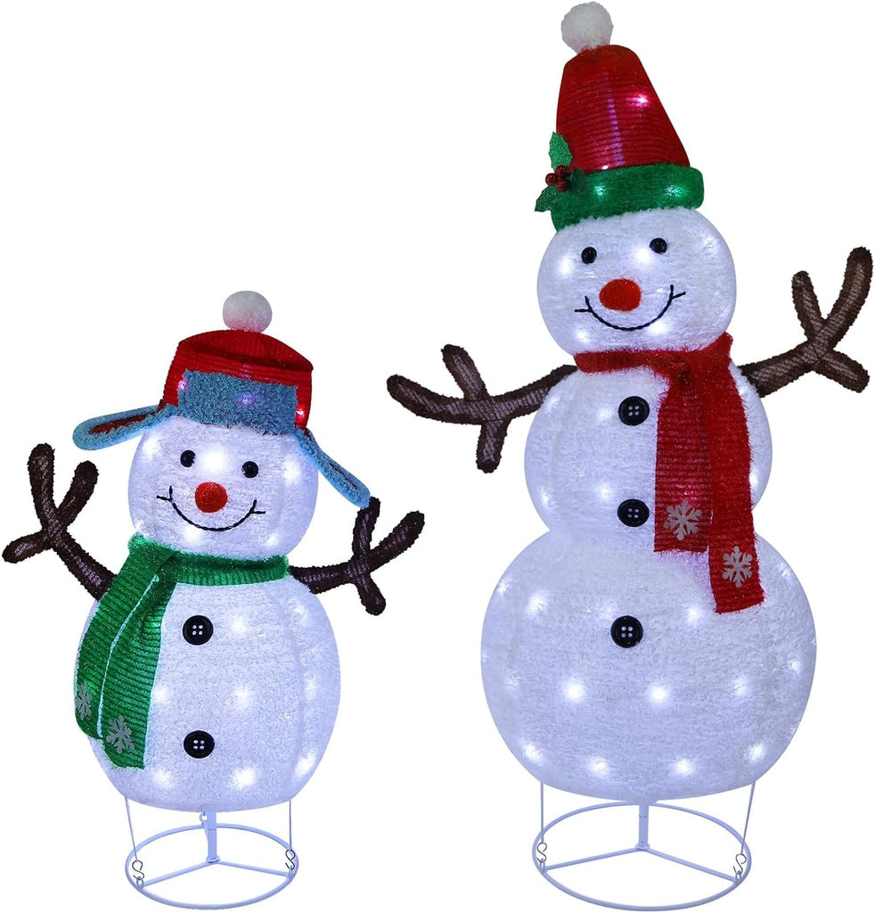 Set of 2 Lighted Christmas Snowman Decorations, 3.6+2.6FT Outdoor Pre-Lit White Snowmen with Lights, Light Up