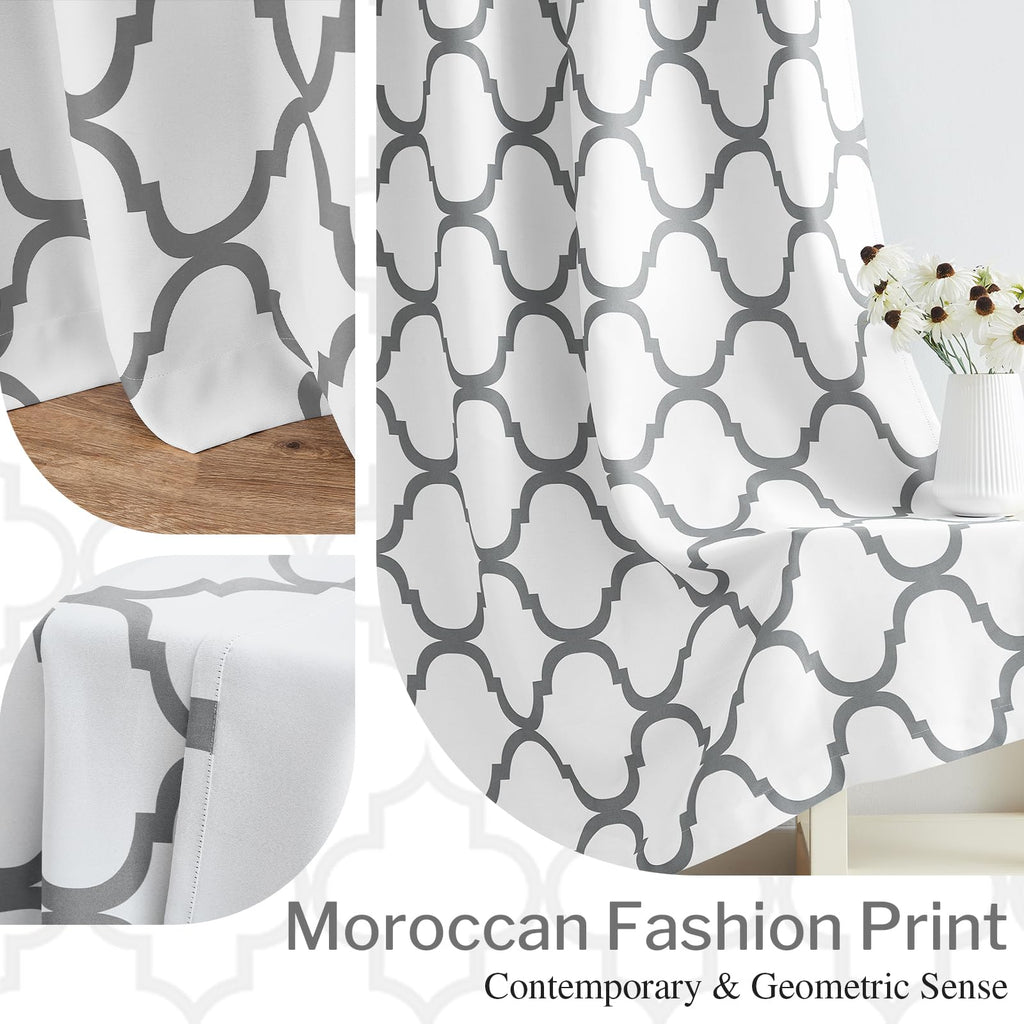 Moroccan Printed Room Darkening Blackout Grommet Curtains Bedroom, 52 by 84 Inch, Off White/Grey (2 Panels)
