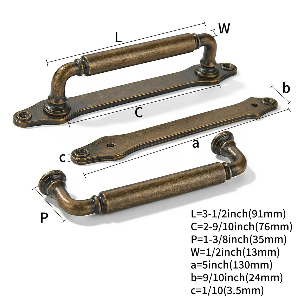 5 Pack 3 Inch Hole Center Antique Brass Cabinet Pull with Backplate Solid Heavy-Duty Handles with Base Plate Cabinet