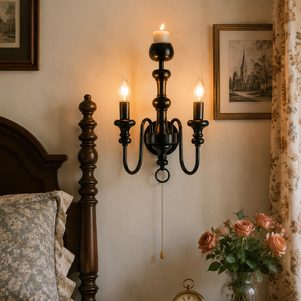 Matte Black Iron Double-Arm Wall Sconce, Retro Farmhouse Hardwired Lamp with Scented Candle Tray & Pull Switch Decor